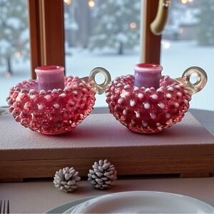 Vintage Fenton Cranberry Opalescent Hobnail Candle Holders
